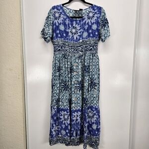 VTG Bila Dress Blue White Silver Metallic Threads Size M Hippie Bohemian Gypsy